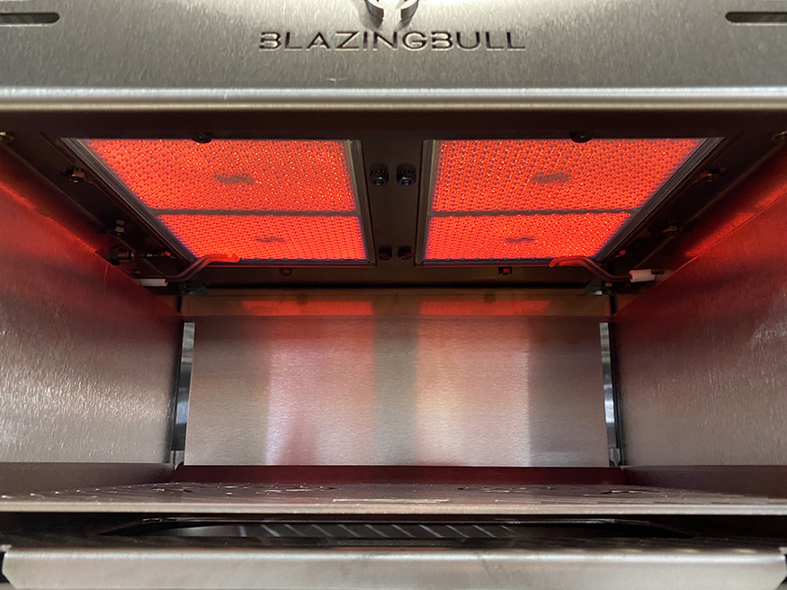 Blazing Bull Infrared Grill infrared burners on at full 1500 degree Fahrenheit temperature